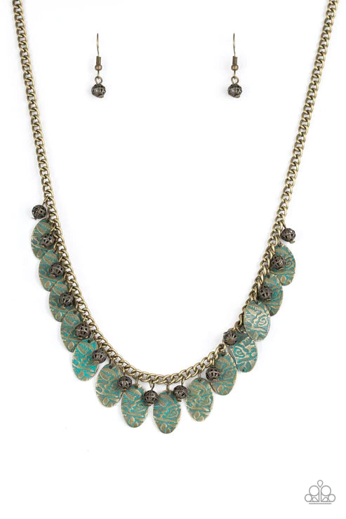 Vintage Gardens - Brass/Patina Ornate Embossed Floral Fringe Necklace N#4568