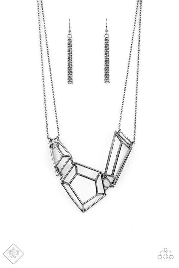 3-D Drama - Black/Gunmetal 3D Geometric Connected Necklace N#6926