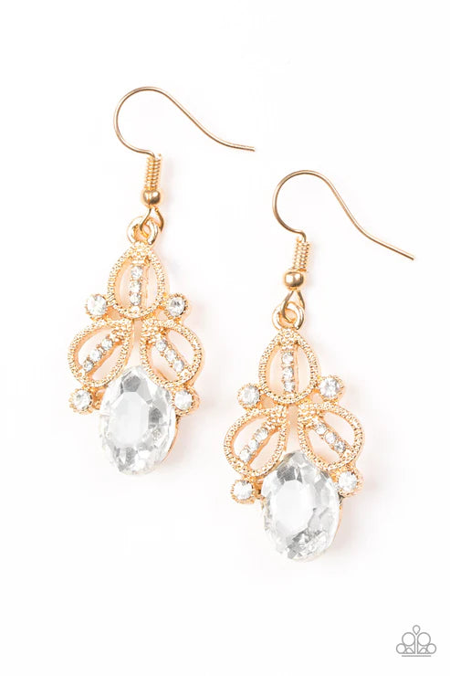 A CROWN Pleaser - Gold Regal Encrusted Stacked Teardrop Earrings E#6248