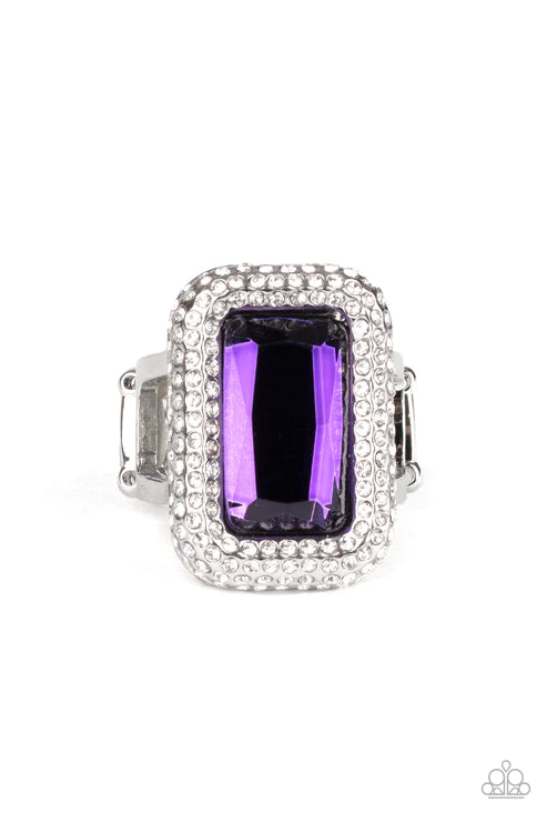 A Grand STATEMENT-MAKER - Purple Regal Emerald Cut Dramatic Oversized Gem Nestled Frame Encrusted White Blinding Ring R#6124