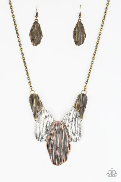 A New DISCovery - Multi (Brass/Copper/Silver) Edgy Engraved Antiqued Textured Asymmetrical Link Plates Necklace N#6145
