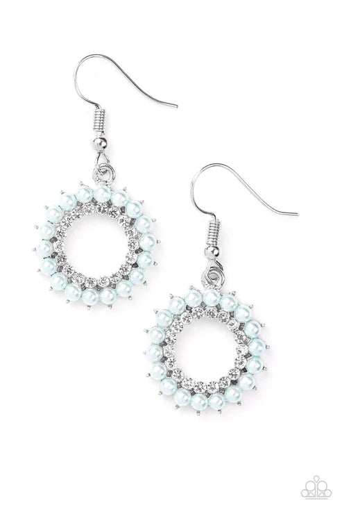 A Proper Lady - Blue Pearl Blooming Dahlia Encrusted Circle Earrings E#5554