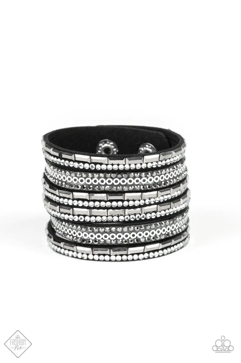 A Wait-and-SEQUIN Attitude - Black Spliced Smoky Hematite Encrusted Accent Suede Bracelet B#4214