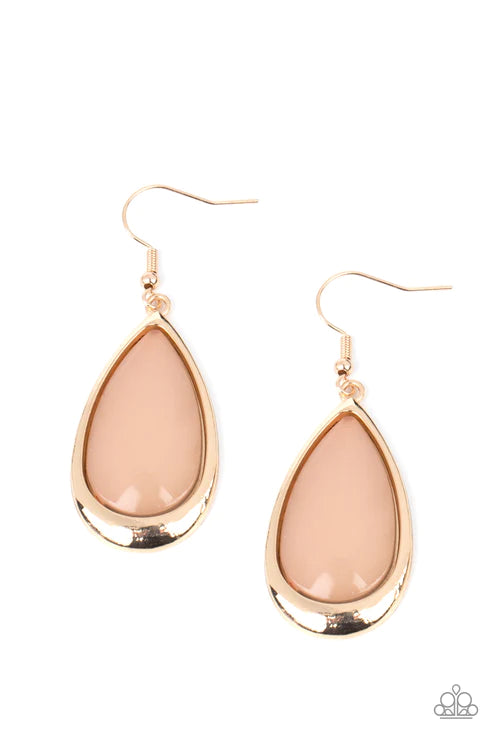 A World To SEER - Oversized Brown/Gold Nestled Cat's Eye Moonstone Teardrop Earring E#915