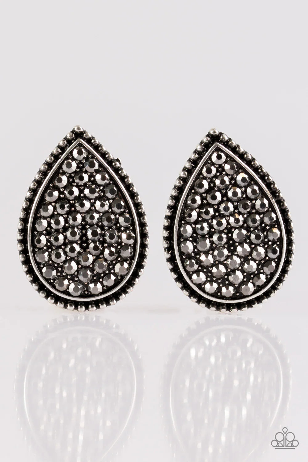 A Run For Their Money - Oversized Silver Hematite Encrusted Studded Teardrop Earrings E#7151