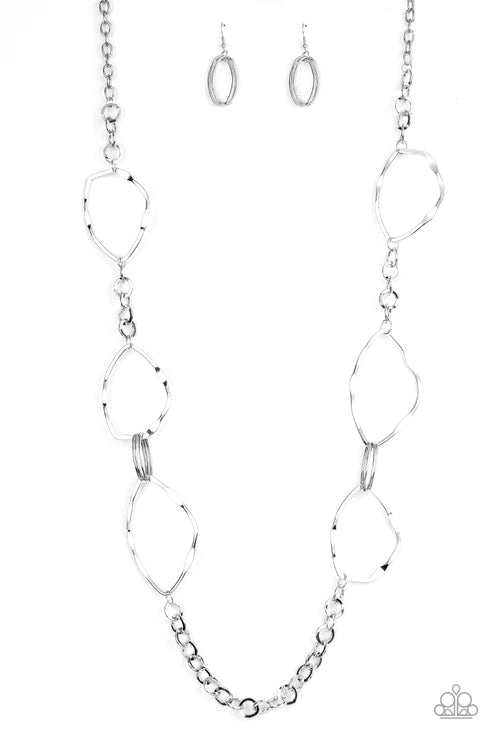 Abstract Artifact - Oversized Silver Mismatched Links/Oval/Flattened Asymmetrical Abstract Necklace N#3100