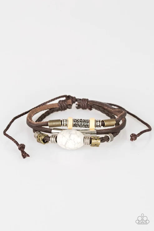 Across The Globe - Brown/White Globe Stone Mixed Metallic Mismatched Accent Slide Along Braided Leather Adjustable Sliding Knot Closure Urban Bracelet B#3407