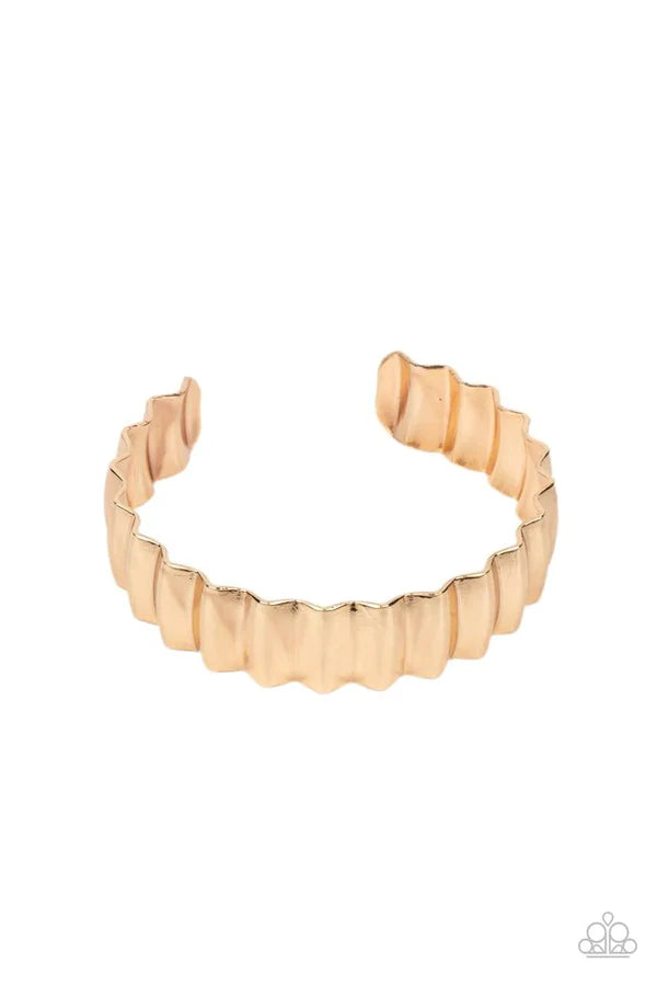Across The HEIR-Waves - Gold High Sheen Crinkled Curled Industrial Cuff Bracelet B#4720