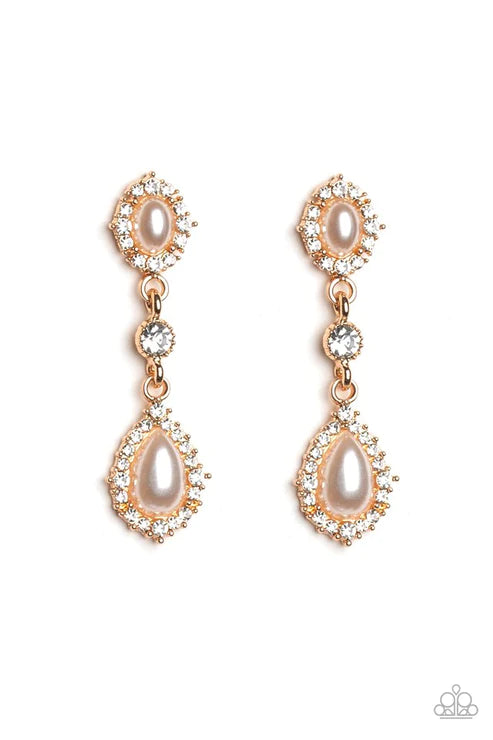 All-GLOWING - Gold Pearl Encrusted Duo Linked Earrings E#2840