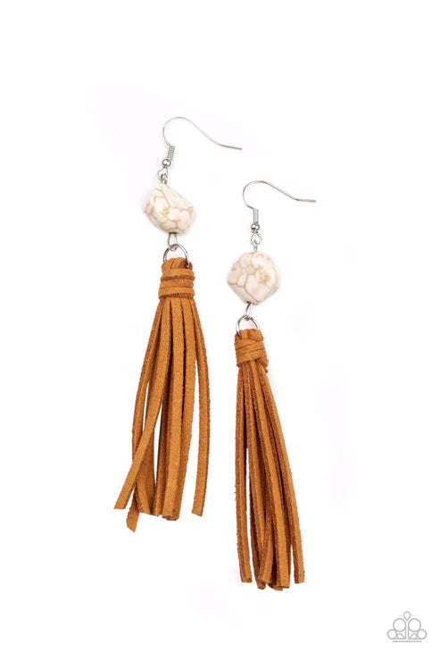 All-Natural Allure - Oversized White Rustic Tassel Imperfect Stone Suede Earrings E#7317