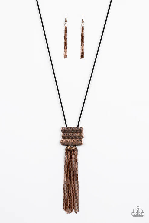 All About ALTITUDE - Copper/Black Hammered Plates Suede Chains Stream Tassel Necklace N#3816