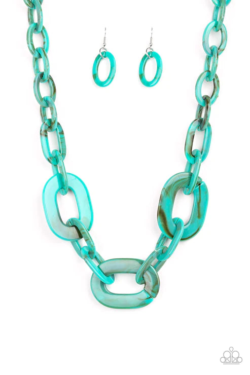 All In-VINCIBLE - Oversized Blue Bold Faux Marble Connected Links Necklace N#5892