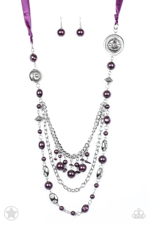 All The Trimmings - Oversized Deep Purple Funky Intermix Victorian Silky Pearl Ribbon Necklace N#5417