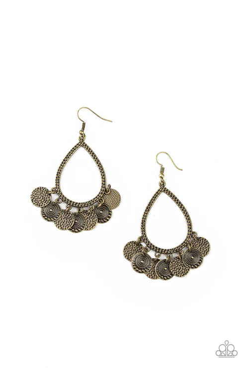 All In Good CHIME - Oversized Brass Studded/Hammered Disc Teardrop Fringe Earrings E#5646