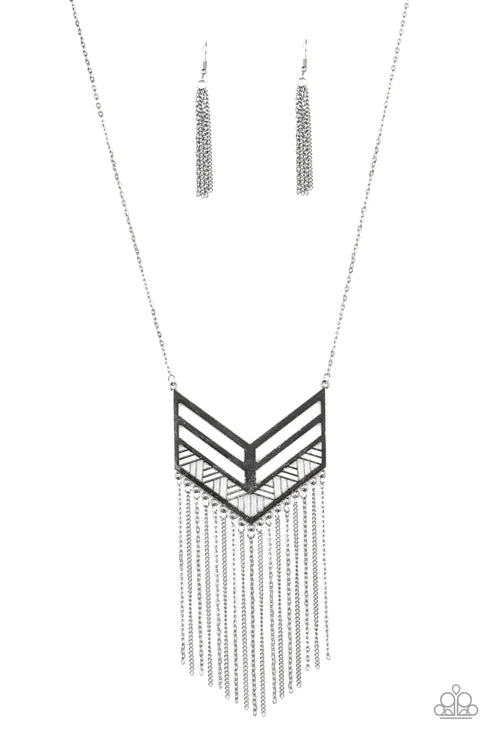 Alpha Attitude - Black Airy Geometric Tapered Tribal Fringe Necklace N#6141