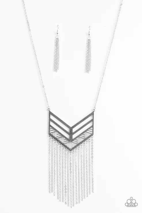 Alpha Attitude - Silver Airy Geometric Tapered Tribal Fringe Necklace N#6551