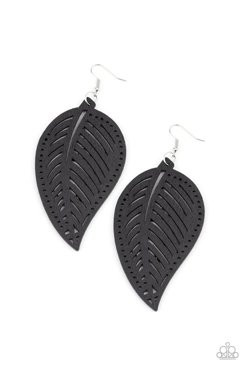 Amazon Zen - Oversized Black 3D Stenciled Wood Leaf Earrings E#2851