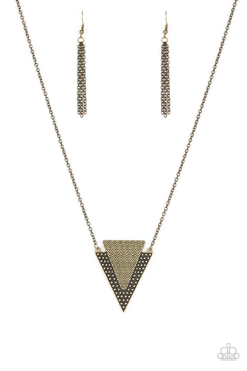 Ancient Arrow - Brass Stamped/Studded Triangular Arrow Indigenous Textured Tribal Necklace N#6144