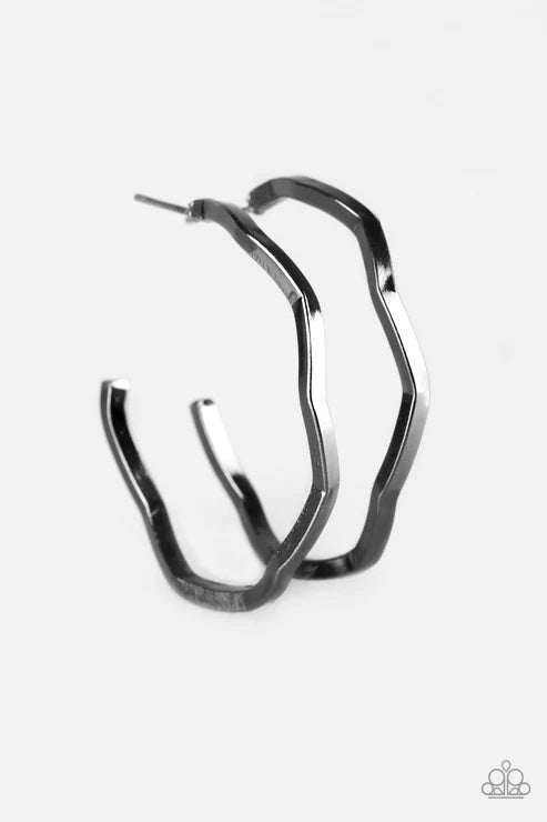 Another Day, Another Slay - Oversized Black Gunmetal Bar Zigzags Edgy Industrial Hoop Earrings E#3756