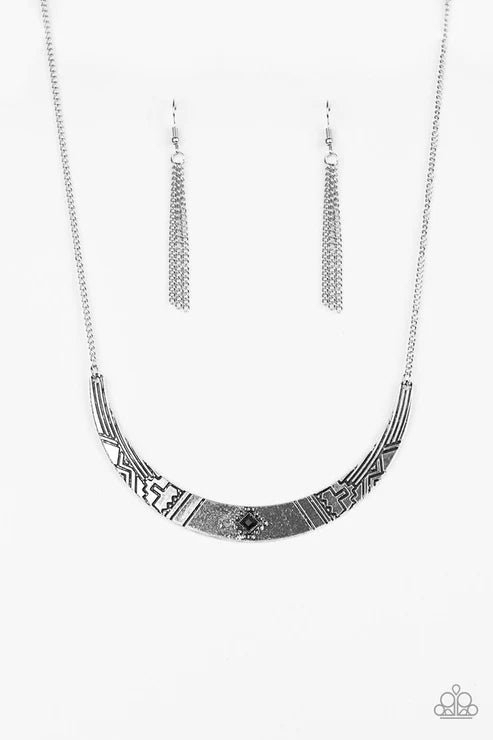 Arizona Adventure - Black Stamped Textile Square Tribal Crescent Necklace N#4541