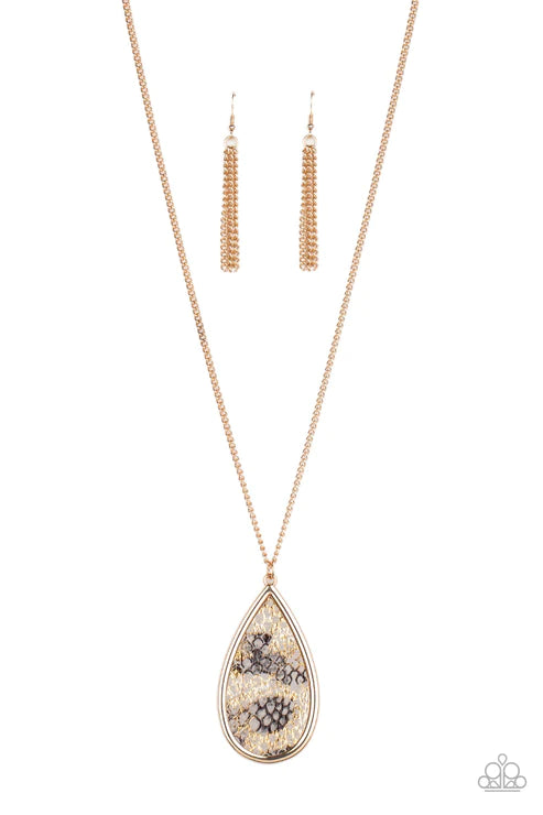 Artificial Animal - Oversized Gold Metallic Wild Embellished Python Scale Leather Teardrop Necklace N#5385