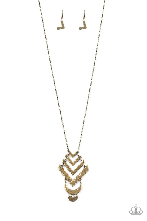 Artisan Edge - Brass Chevron Crescent Stacked Tribal Necklace N#3967