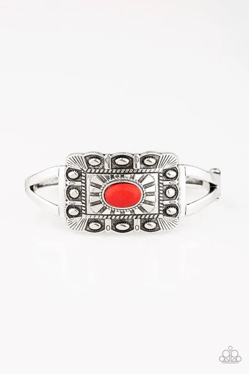 BIG House On The Prairie - Oversized Fiery Red Rectangular Embossed Sunburst Stone Bangle Cuff Hinged Closure Bracelet B#7234