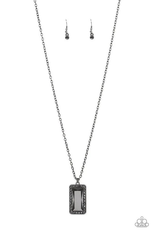 Bada BLING Bada Boom - Black/Gunmetal Faceted Emerald Cut Hematite Encrusted Necklace N#7191