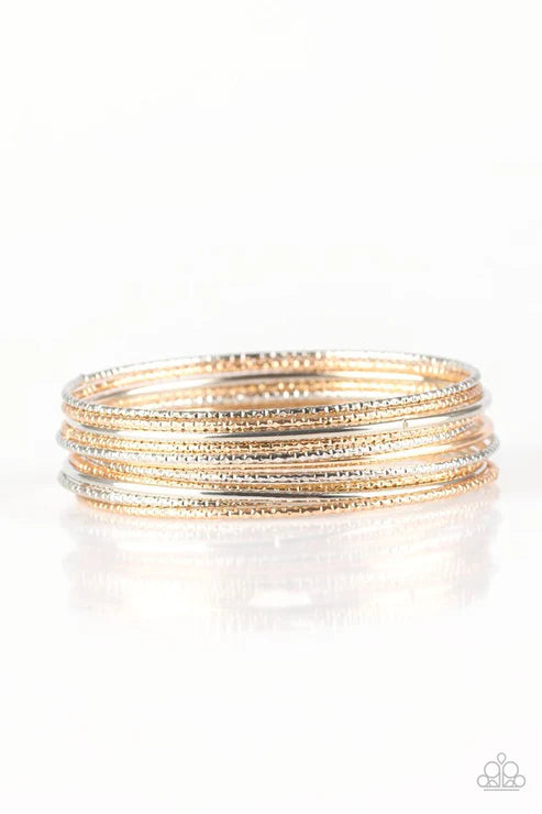 Bangle Babe - Multi (Gold/Silver) Smooth/Shimmery Diamond-Cut Textures Mismatched Bangle Bracelet Stack B#7274