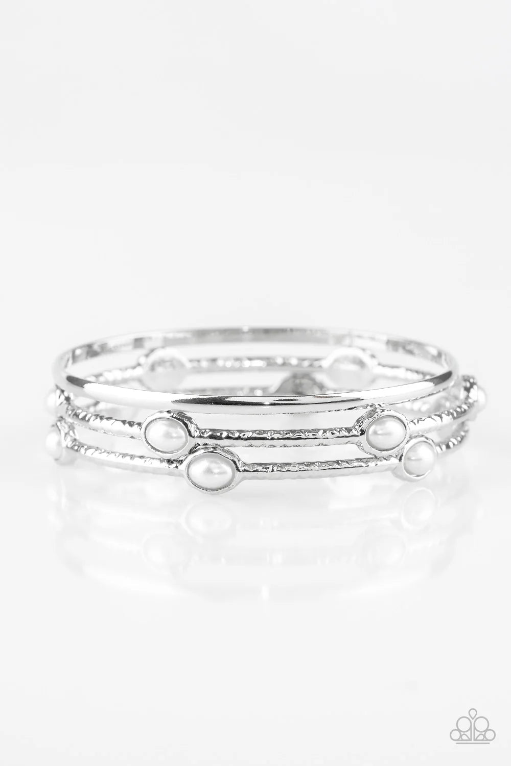 Bangle Belle - White Pearl Encrusted Hammered Shimmer Bangle Bracelet Stack B#7061