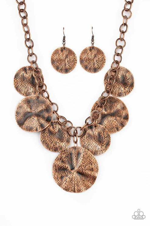 Barely Scratched The Surface - Oversized Copper Scratched Shimmer Warped Disc Fringe Necklace N#2916