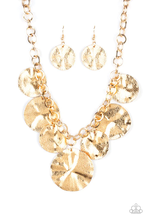 Barely Scratched The Surface - Oversized Gold Scratched Shimmer Warped Disc Fringe Necklace N#3481