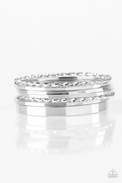 Basic Blend - Silver Smooth/Twisted Surfaces Mismatched Bangles Bracelet Stack B#6460