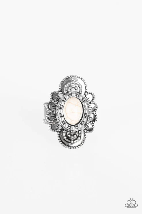 Basic Element - Oversized White Dotted Textured Petal Bloom Stone Ring R#5366