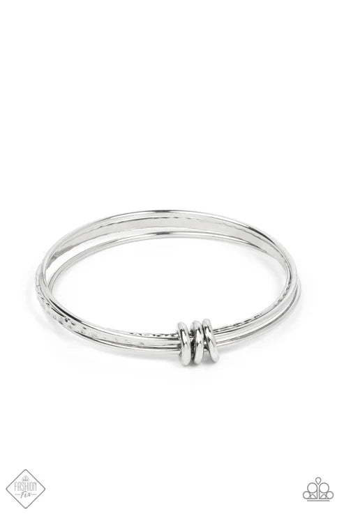 Bauble Bash - Silver Trio Bangles Smooth/Hammered Textures Trio Rings Encircle Slide Along Bangles Artistic Expression Bracelet B#7358