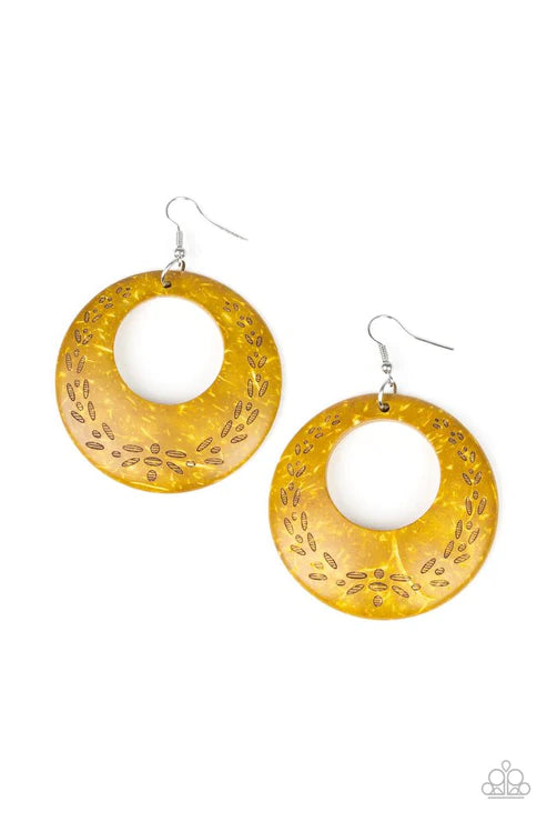 Beach Club Clubbin - Oversized Yellow Etched Leafy Distressed Wood Earrings E#3555