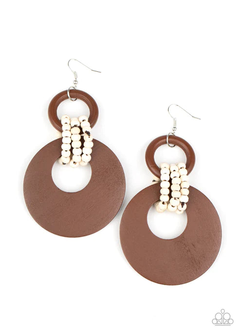 Beach Day Drama - Oversized Brown/White Wooden Beaded Links Connect Crescent Hoop Lure Earrings E#2966
