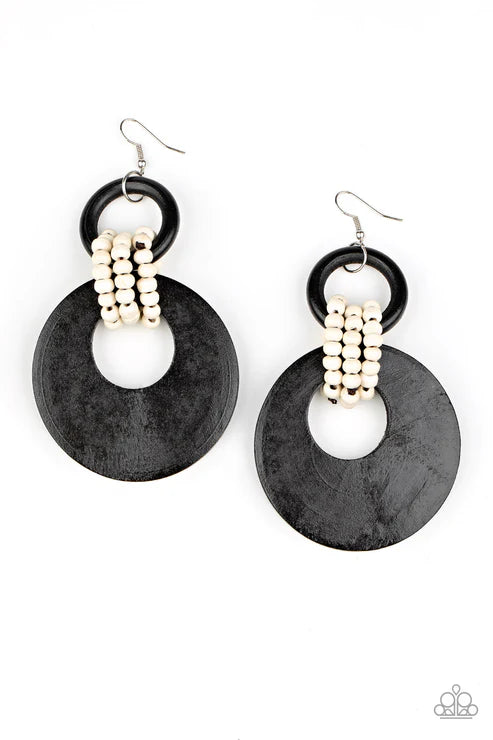 Beach Day Drama - Oversized Black/White Wooden Beaded Links Connect Crescent Hoop Lure Earrings E#7302