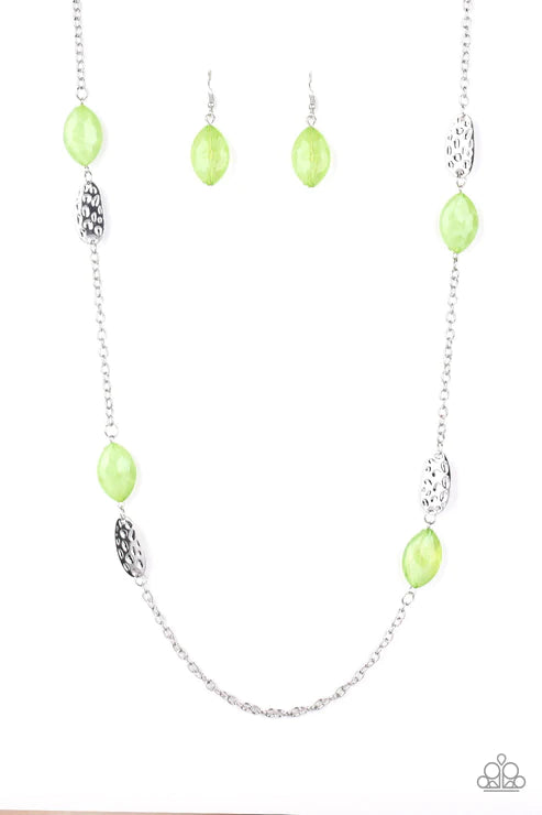 Beachfront Beauty - Oversized Green Opaque Glassy Hammered Collision Accent Necklace N#2922