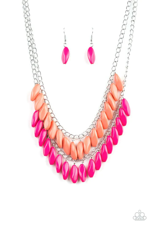 Beaded Boardwalk - Oversized Pink (Living Coral/Pink) Faceted Double Fringe Necklace N#2827