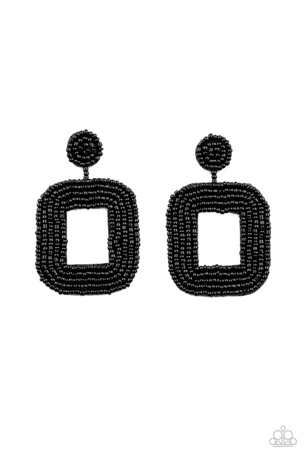 Beaded Bella - Oversized Black Rounded/Squared Seed Bead Earrings E#7185