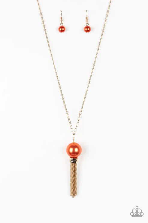 Belle of the BALLROOM - Oversized Orange/Gold Pearl Hammered Tassel Stream Necklace N#5588