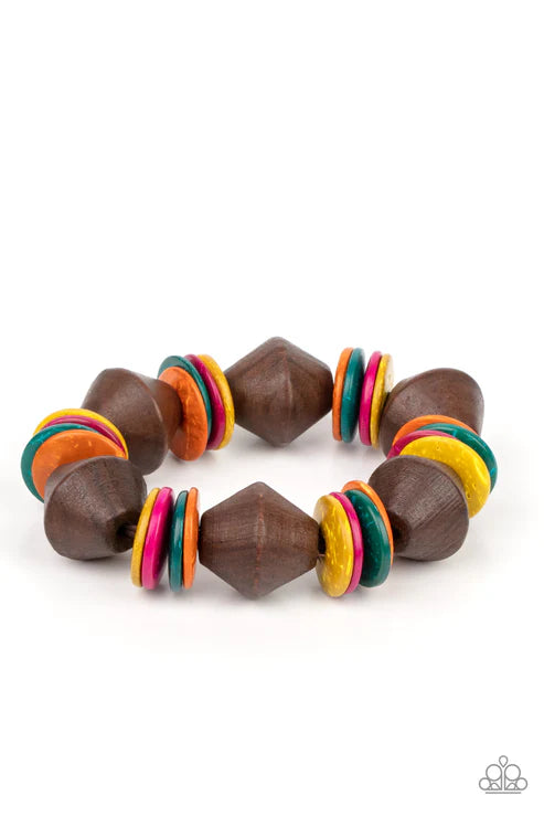 Bermuda Boardwalk -Oversized Multi (Orange/Pink/Blue/Yellow/Brown) Chunky Wooden Discs Summery Bracelet B#3711