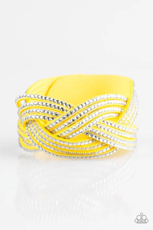 Big City Shimmer - Sunny Yellow CrissCross Encrusted Suede Wrap Adjustable Snap Closure Bracelet B#6472
