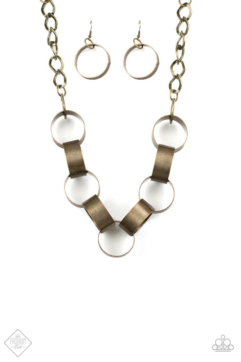 Big Hit - Oversized Brass Etched Linear Interlock Links Hoop Necklace N#372