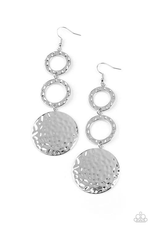 Blooming Baubles - Oversized Silver Hammered Disc Stacked Lure Rings Earrings E#6203