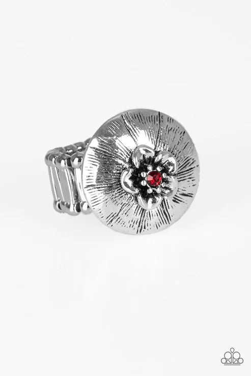 Blooming Beach Party - Fiery Red Dotted Rounded Texture 3D Flower Bloom Ring R#5694