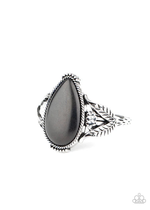 Blooming Oasis - Oversized Matte Black Stone Airy Rope Leafy Abloom Teardrop Cuff Bracelet B#5087