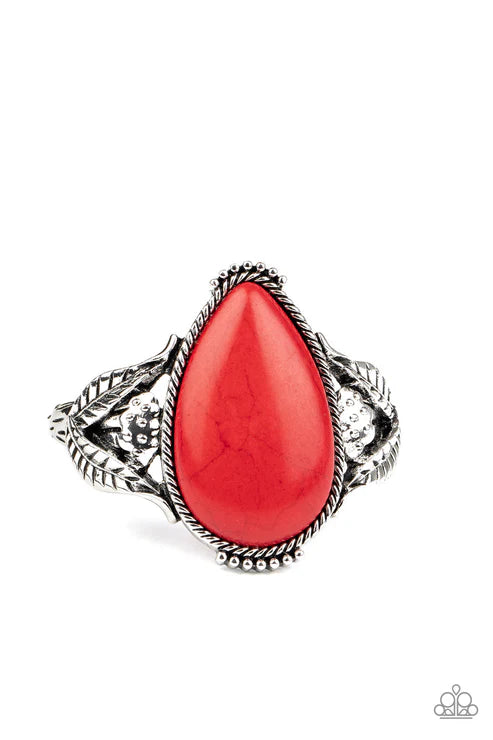 Blooming Oasis - Oversized Red Stone Airy Rope Leafy Abloom Teardrop Cuff Bracelet B#022