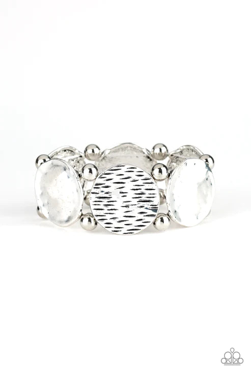 Boldly Basic - Oversized Silver Infused Textured Hammered Discs Bracelet B#4694